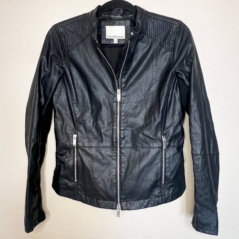 Calvin Klein Faux Leather Moto Jacket Black Zip Biker Small